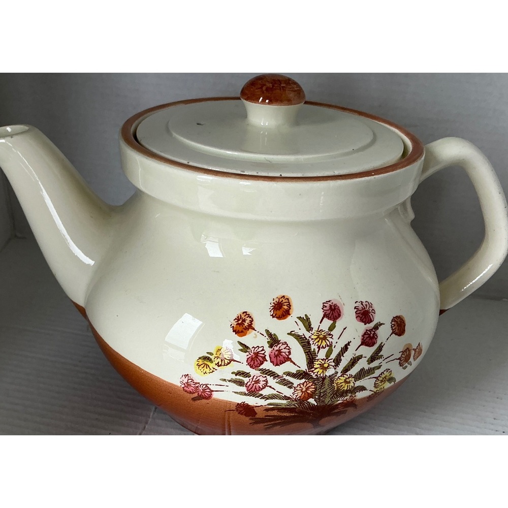 Vintage Ceramic Teapot Floral Wildflower Cream Orange Stoneware Tea Pot